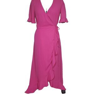 Lulu's Women’s Wrap Dress Size XS Hot Pink Ruffle Flowy High Low Short Sleeve
